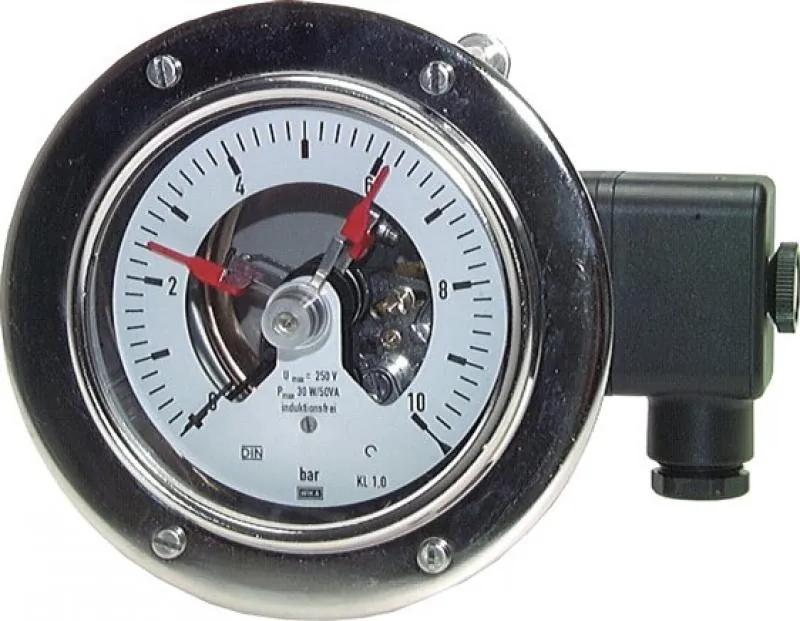 Original WIKA Sicherheits-Kontaktmanometer Ø 100 mm mit axialem Anschluss und Edelstahlgehäuse